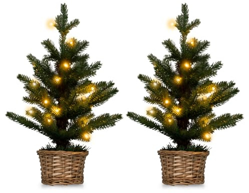 GYMAX Sapin de Noël Artificiel Lumineux Petit 30x48CM, Arbre de Noël en Pot avec 96 Branches & 20 Lumières LED Blanc Chaud & Minuterie, Décoration Festive pour Intérieur/Extérieur