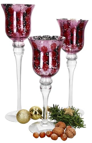 MamboCat Manou Lot de 3 photophores en rouge (clair) sur pied avec décor floral et surface intérieure argentée - Hauteur : 30 cm, 35 cm et 40 cm - Bougeoir en verre Mercury - Décoration de table -