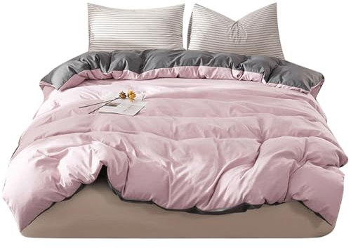 Odot Housses de Couettes 150x200cm 180x220cm 200x230cm, Couleur Unie Housse de Couette Microfibre Douce avec Fermeture Eclair pour Adulte Enfant, 1~2 Personnes (150x200cm,Rose + Gris)