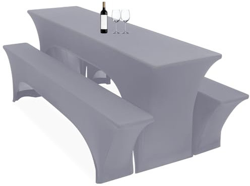 Juego de 3 fundas elásticas para mesas de cerveza, 220 x 50 x 80 cm, color gris claro, fundas elásticas para mesas de cerveza y bancos, fundas para bancos de cerveza, muebles de jardín