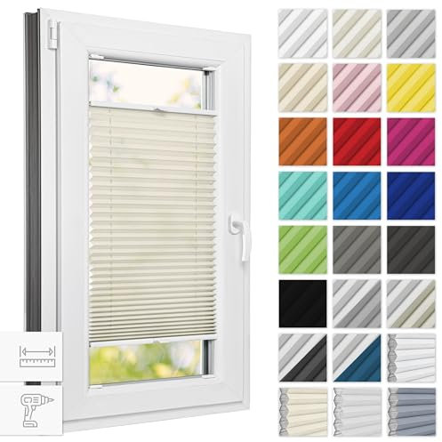 Estika Plissee mit Bohren 35 cm x 100 cm - Elfenbein - Rollos für Fenster, Jalousien Fenster für innen, Raffrollo, Fenster plissee