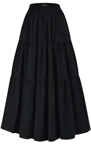 Generic Damen-Stufenrock, elastisch, hohe Taille, Swing-Rock, Vintage-Damenrock, unregelmäßiger Saum, Volants, Lange Röcke, Schwarz, L