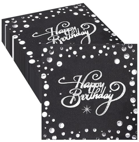 Wnddle 20 Stück Servietten Happy Birthday, Geburtstag Servietten Happy Birthday, Servietten Geburtstag Schwarz Silber, Schwarz Folierte Geburtstagsservietten, für Junge Mädchen (Silber)