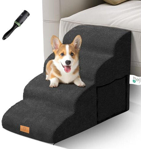 Hundetreppe für Kleine Hunde, Masthome 4 Stufen 50cm Hoch Hunderampe, Haustiertreppe mit Waschbarer Bezug, Katzentreppe aus Schwämm, Ideal für Sofa, Bett,Schwarz