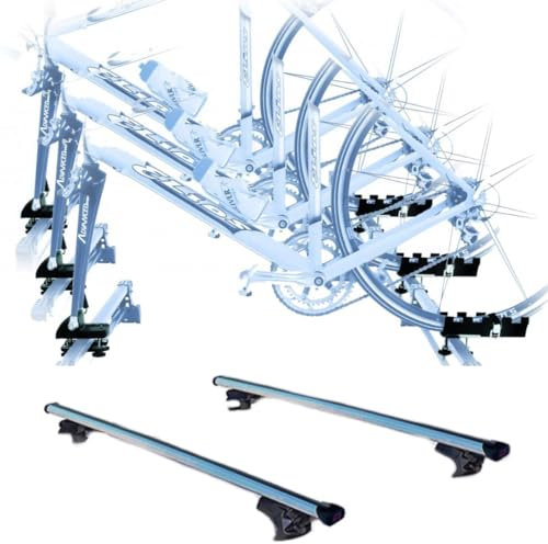 Set 3 Portabici tetto + Barre realizzato per FIAT CROMA SW 2005 c/Attacco a Forcella registrabili Set Barre da 127 CM c/Serratura + Kit Attacchi