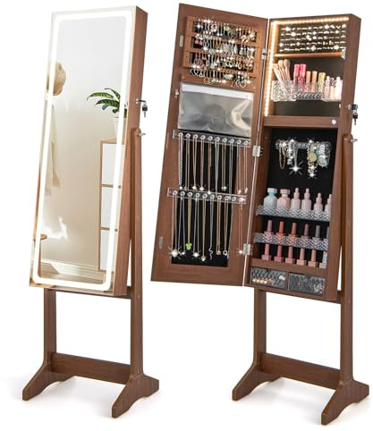 RELAX4LIFE LED Lights Jewellery Cabinet, Standing Lockable Jewelry Armoire Organizer with 3-Color Lighted Full Length Mirror & 3 Tilt Angles, Large Capacity Makeup Cosmetic Storage Unit (Rustic Brown)