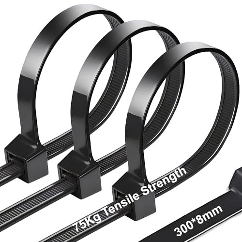 100 Pièces d'attaches de Câble Professionnelles 300 x 8 mm, Collier de Serrage Noir à la Traction 75kg, Autobloquant, Serflex Résistant aux UV, Idéale pour l'intérieur et l'extérieur