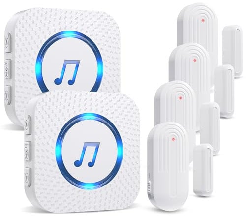 SANJIE Wireless Door Open Alarm Chime, 800FT Operating Range 55 Ringtones 5 Volume Level with LED Indicator,Door Sensor Alarm for Home Store Office Security When Opens,2 UK Plug in Receivers 4 Sensors