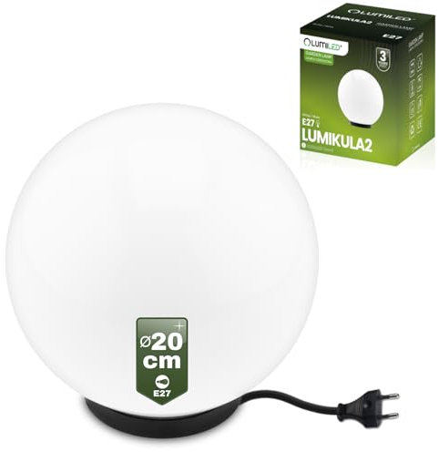 Lumiled Milchig Kugelleuchte Außen Außenkugelleuchte Kugellampe Weiß Gartenkugel Außenleuchte Kugel Wegeleuchte Lichtkugel wetterfest IP44 E27 Fassung inkl. Anschlusskabel 1,95m Ø 20cm