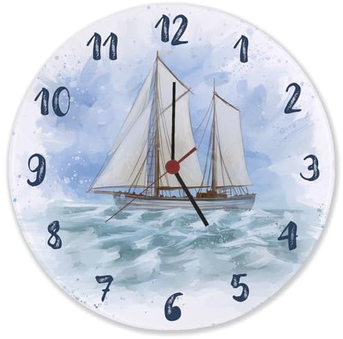 Segelschiff Wasserfarbenoptik Wanduhr aus Glas Schöne Uhr mit gemaltem Segelboot als Dekoration für das Boot oder Geschenkidee für Segler mit maritimem Motiv