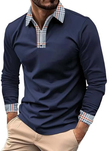 Polo da uomo con cerniera, con risvolto a maniche lunghe, tinta unita, vestibilità normale, polo da golf, tennis, casual, con chiusura lampo, per lavoro, Blu scuro, XL
