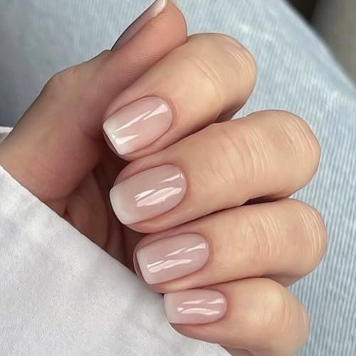 24pcs False Nails - Short Square, French Press, Pink White Gradient, Full Cover Acrylic, Reusable Glue on Nails for Women Girls Daily Wear