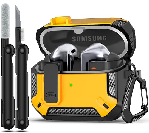 MHYALUDO Compatible with Samsung Galaxy Buds 3 Pro, Galaxy Buds 3 Case | Military Grade Drop Proof Headphone Case with Locking Closure, with Hiking Buckle and Cleaning Kit-Yellow
