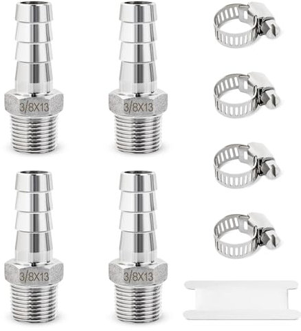Josaton 4 raccordi per tubi in acciaio inox, maschio da 3/8 x 13 mm, connettore a barra con fascetta stringitubo, set di 4 raccordi per tubi per aria, acqua, carburante