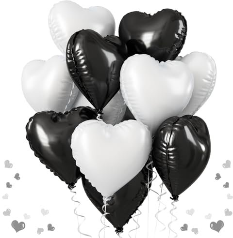 Schwarz-weiße Herzballons, 45,7 cm, schwarz-weißes Herz-Party-Dekorationen, 10 Stück, mattweiße und schwarze Helium-Folienballons für Geburtstag, Hochzeit, Abschlussfeier, Verlobung
