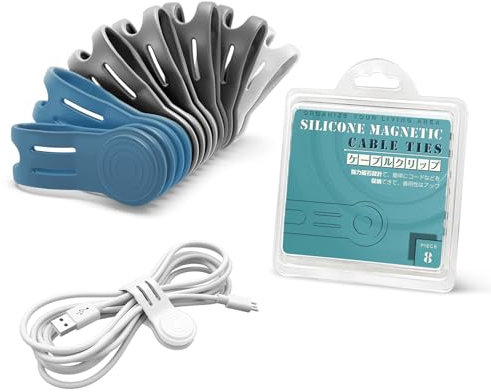 Kcmell Magnetic Cable Ties, 8 Pcs Reusable Cable Ties Cable Cord Organiser Magnetic Cable Clips Silicone Cable Straps for Organizing and Bundling Wires, Earphone, Charger (White, Grey, Blue)