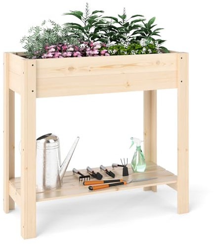 COSTWAY Hochbeet mit Ablage, Erhöhtes Gartenbeet aus Holz, Pflanzkasten mit Entwässerung, Gemüsebeet Kräuterbeet groß, für Balkon Garten Terrasse, 81 x 37 x 77 cm, Natur