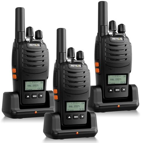 Retevis H777D Walkie Talkie 3er Set mit LCD Display, PMR446, Typ-C-Aufladung, 1200 mAh, Einfaches Pairing, Notfallalarm, Wiederaufladbares 2-Wege-Radio für Familienreisen (3er-Pack, Schwarz)