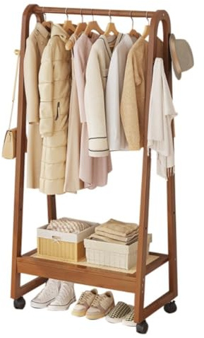 Portant à vêtements robuste en bois avec étagères - Porte-manteau sur roulettes pour salon, chambre à coucher, couloir et bureau - Assemblage facile - 50/70 cm