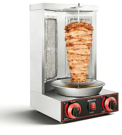 KiwiHood 3000W Professionelle Gas-Schawarma-Grillmaschine Edelstahl Vertikalgrill mit 2 Keramikbrennern & 360° Rotation, max. 300°C für Restaurants, Straßenimbisse und Gartenpartys