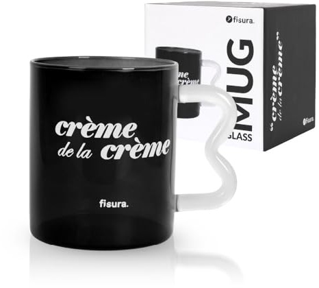 Fisura – Tazza da caffè in vetro con scritta “Crème”. Tazza in borosilicato nera con manico originale trasparente. Bicchiere per tè o caffè. Capacità 410 ml.