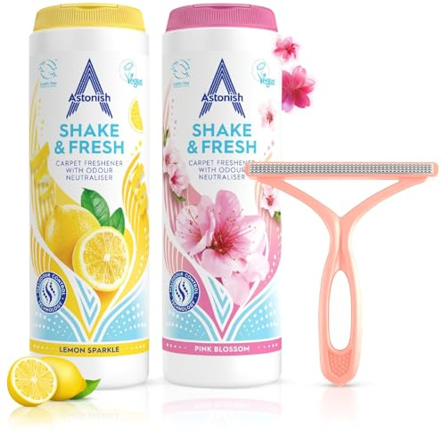 Carpet Freshener Shake and Vac Carpet Odour Eliminator Powder 2 x 350g, Lemon Sparkle + Pink Blossom Carpet Freshener Long Lasting Scent with Lint Remover Scraper for Carpets, Rugs & Upholstery