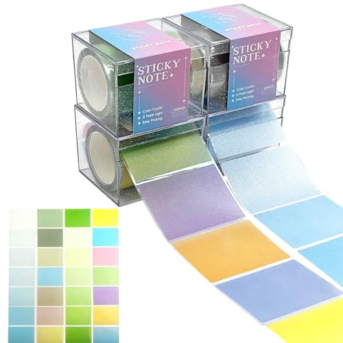 Daily Treasures 4-Pack Transparent Sticky Notes with Acrylic Pull Out Dispenser Boxes, 420 Sheets Pull-Out 28 Pearlescent Full Adhesive Memo Pads Sticker Label for Planners, Office, School (70x50mm)