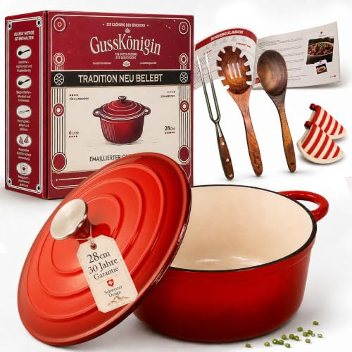 GUSSKÖNIGIN Gusseisen Bräter 28 cm – Dutch Oven & Emaille Schmortopf mit Deckel – Gusseisen-Topf und Emaille Topf für Induktion – Cocotte/Bräter & Schmortöpfe – Bratentopf mit 30 Jahre Garantie