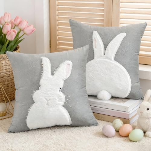 Shengruili 2 Stück Kissenbezüge Osterhase,Ostern Deko Hase Kissenhülle 50x50cm,Osterhase Samt Kissenbezüge mit Schwanz,Kissen KissenhülleOstern Dekoration,Osterdeko Kissenbezug