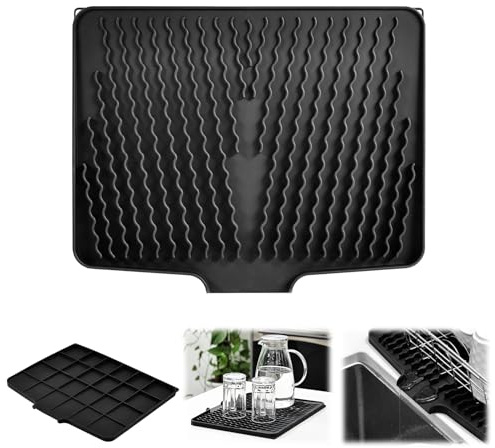 Abtropfmatte Ohne Falten 40x33x1.5cm | Silikon Abtropfmatte Geschirr für die Küche Spüle | Schrägdesign mit Ablauföffnung | Hitzebeständig & Rutschfest | Dient als Abtropfschale | Schwarz