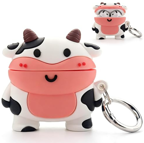Custodia carina per AirPods 4, custodia protettiva in silicone per AirPods 4, motivo cartone animato, custodia Kawaii 3D a forma di mucca, custodia protettiva con moschettone (AirPods 4)