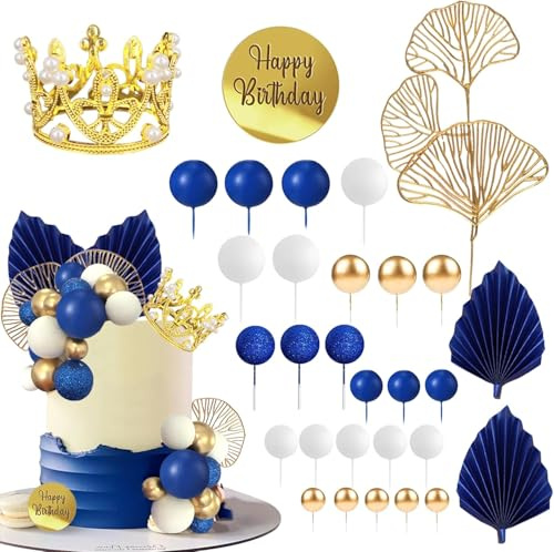 30 Stück Krone Tortendeko Blau Torten Deko Kugeln Ginkgoblätter Fächer Birthday Queen Kuchendeko Geburtstag Frau Mann Deko Torte für Jahrestag, Hochzeit, Thema Party