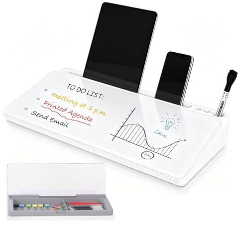 Tableau blanc de bureau en verre avec espace de rangement, organisateur de bureau avec 2 marqueurs, effaçable à sec pour de courtes notes et rappels, pour le bureau à domicile, le bureau (blanc)