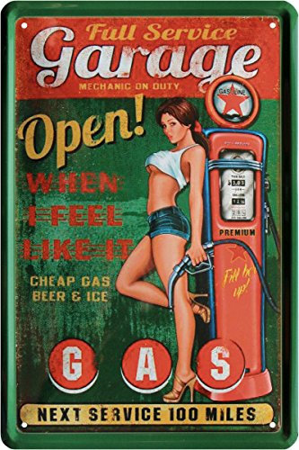 WOGEKA ART Retro Blechschild Full Service Garage Gas Station Highway Pin Up Girl witziger Spruch als Geschenk-Idee zum Geburtstag Weihnachten zur Dekoration 20x30 cm Vintage-Design aus Metall 45