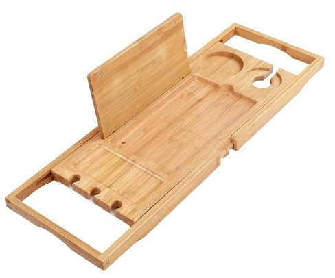 Bandeja de baño para Bandeja de bañera de Teca Utoplike para bañera, Organizador de bañera único con toallero de Cristal de Vino, Impermeable, Ajustable
