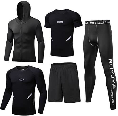 BUYJYA 5Pcs Men's Compression Pants Shirt Top Long Sleeve Jacket Athletic Sets Gym Clothing Mens Workout