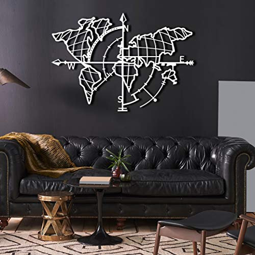 Tubibu Moderne Wandkunst, 100 % Metall – metallische Weltkarte, Größe 66 x 96,5 cm Weltkarte und Kompass, Wanddekoration, Heimgeschenk, Einweihungsgeschenk, Hochzeitsgeschenk