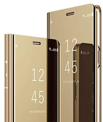 MRSTER Huawei P40 Lite Hülle Clear View Standing Cover, Spiegel Handyhülle Schutzhülle Flip Case Schutz Tasche mit Standfunktion 360 Grad hülle für das Huawei P40 Lite. Flip Mirror: Gold