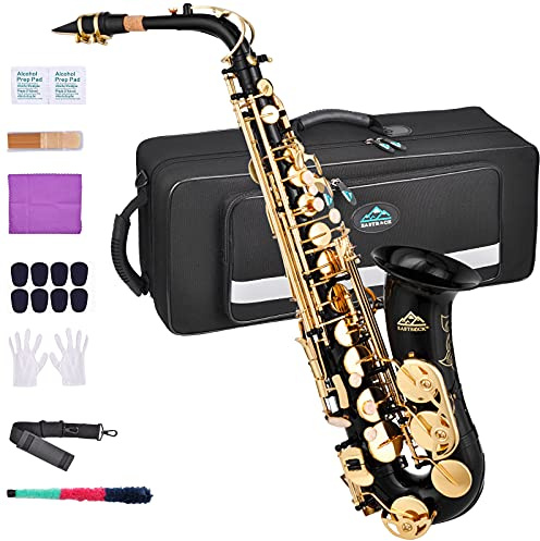 EASTROCK Alto Saxophone for Beginner, E Flat Black Lacquer Alto Saxophone, E Key Sax with Hard Case Mouthpiece Pads Neck Strap Reeds Cleaning Cloth Gloves (Black)