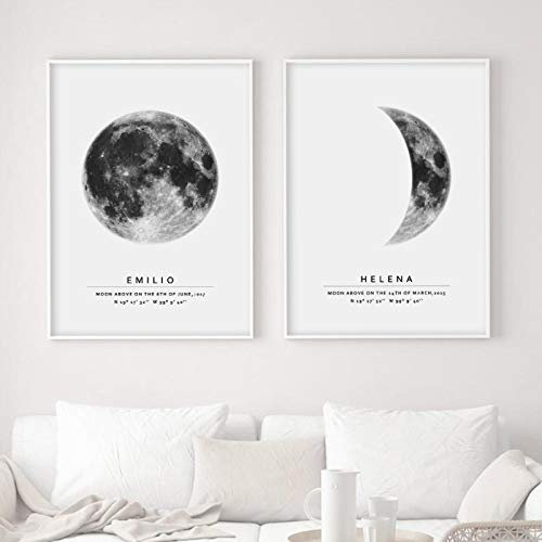 Yinaa 2 Stück Personalisierte Mondphase Mond nach Datum Wandkunst Leinwand Malerei Poster Druckgeschenk Bild Wohnkultur (50x70cm) Kein Rahmen