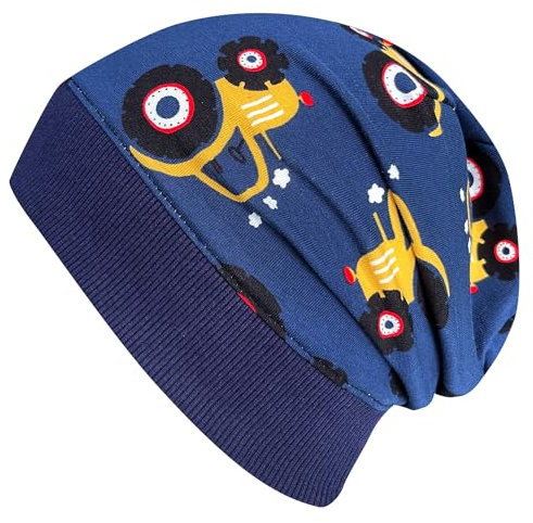 Wollhuhn ÖKO Leichte Weiche Mädchen/Jungen Beanie-Mütze Trecker/Traktor Bündchen Elastisch Übergangszeit/Sommer Jersey Baumwolle (Öko-Stoffe, Bio) (Maxi Traktor Dunkelblau/Gelb, M)