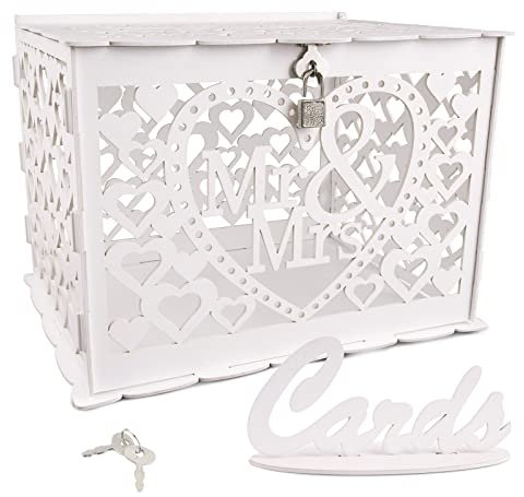 ABSDON Wedding Card Box Rustic Wooden Gift Card Boxes with Lock and Slot for Wedding Reception Party Supplies (Ms & Mrs, White)