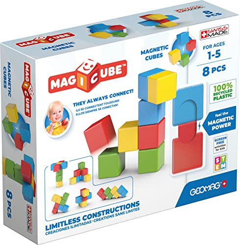 Geomag, Magicube Full Color Recycled Try Me, Magnetische Spiele für Kinder von 1 bis 5 Jahren, Magnetische Konstruktionen für Kinder, 8-teilige Packung, 100% Recycling-Kunststoff