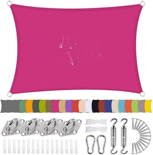 Ziligengsheng Sonnensegel Rechteck 4.5 x 5m Wasserdicht Sonnenschutz Balkon Terrasse mit Montagezubehör PES Polyester 98% UV-Schutz Reißfest Wetterfest für Garten Outdoor,Rosa