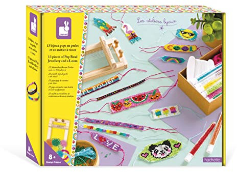 Janod - Cofanetto 13 Gioielli Pop Fai-da-Te + Telaio - Les Ateliers Bijoux - Kit attività Creative Bambini - Abilità Fino-Motorie e creatività - dagli 8 Anni - J07999