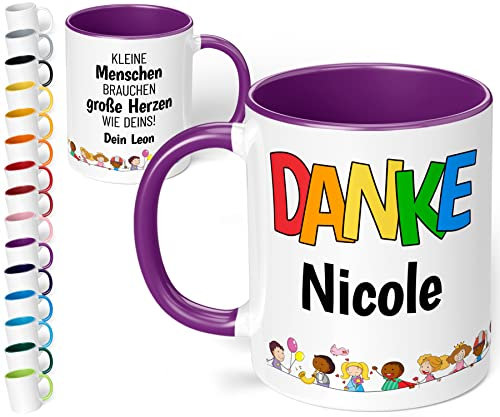 Kita Abschiedsgeschenk für Erzieherin: Kaffee-Tasse personalisiert mit Namen „Danke WUNSCHNAME – Kleine Menschen brauchen große Herzen wie Deins!“ - Dankeschön Kindergarten Krippe (Violett)