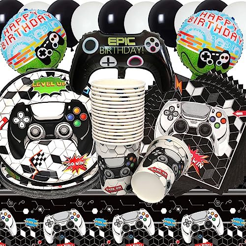 Vajilla de Cumpleaños de Videojuegos,Doyomtoy 76 piezas Decoración de Mesa de Cumpleaños Game Globos Platos Cumpleaños Platos Servilletas Vasos para Fiesta de cumpleaños para niños