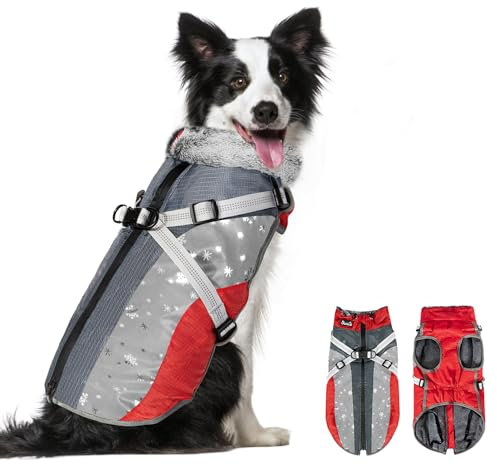 Eyein Hundemantel Winter, Wasserdichter Fleece Hundejacke mit Geschirr für kleine, mittlere und große Hunde, reflektierende Winddichter Welpenweste für Spaziergänge im Freien (Rot, XL)