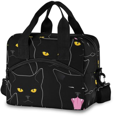 RPLIFE Lonchera con diseño de gatos negros con ojo dorado, bolsa térmica para el almuerzo, bolsa térmica grande, 11.4 x 7.1 x 9.5 pulgadas, bolsa térmica para mujer