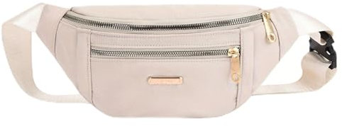 Bauchtasche Sport, Gürteltasche Groß Verstellbare Hüfttaschen für Running Diebstahlsichere Bauchtasche Outdoor Doggy Bag Handytasche Umhängetasche mit 3 Taschen für Damen und Herren Beige